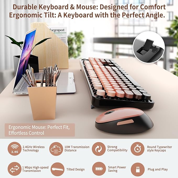 Wireless Keyboard and Mouse Combo, Retro Typewriter Keyboard with Round Keycaps, Full-Size Ergonomic, Aurora Red, Ideal for Windows PC, Home, Office, and College