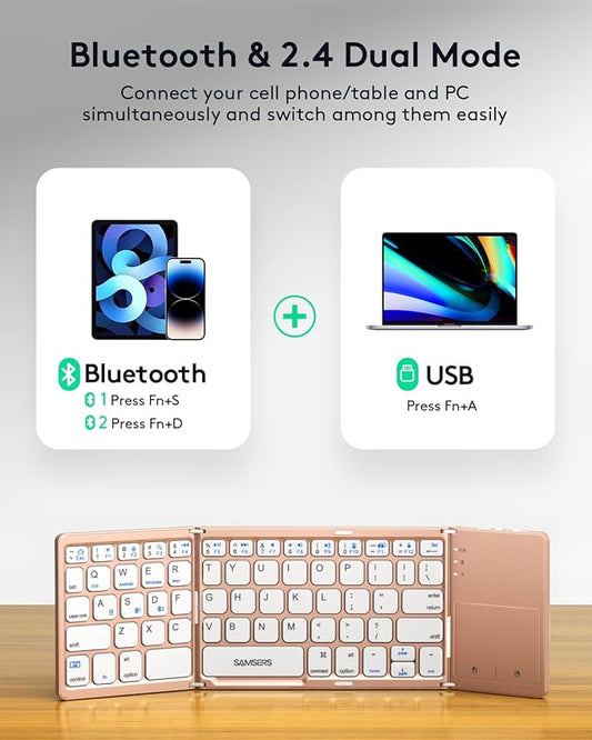 Samsers Multi-Device Foldable Bluetooth Keyboard with Touchpad, Rechargeable Dual-Mode(2.4G+BTx2) Wireless Keyboard with Holder, Portable Folding Keyboards for Android Windows iOS Mac OS - Pink
