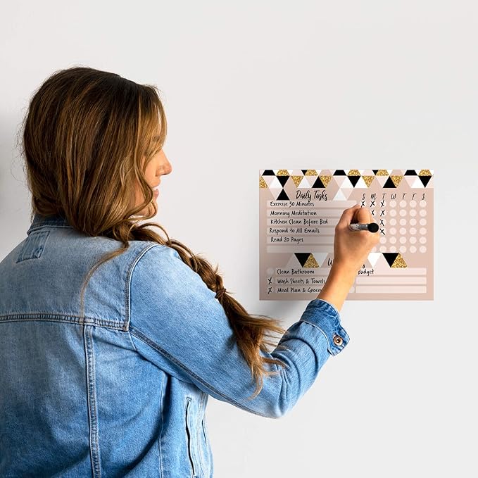 Dry Erase Whiteboard Task Planner | Removable and Restickable Adhesive Decal | Fine-Tip Magnetic Marker Included (9 x 12 inches, Triangles)
