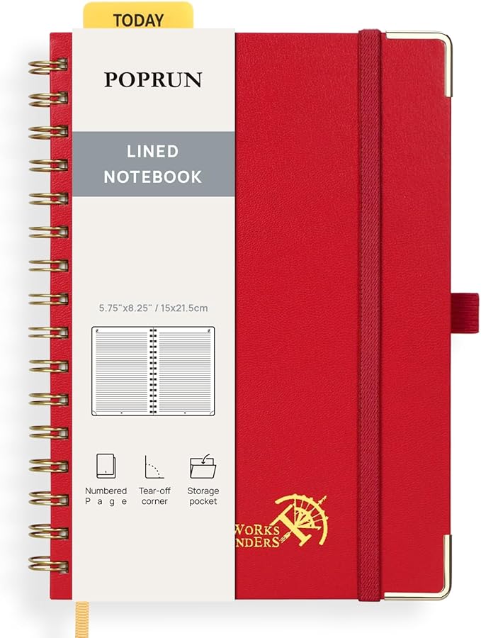 POPRUN Lined Spiral Journal Notebook, [A5-5.75'' x 8.25''] - 120 GSM Thick Paper, 141 Numbered Pages, College Ruled Notebook for Men & Women with Pocket, Index Tabs, 8 Perforated Sheets, Red