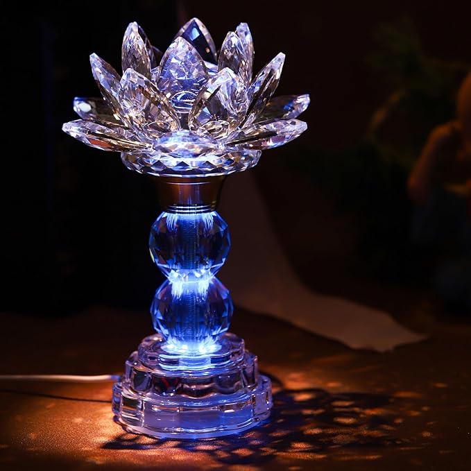 LED Crystal Lotus Flower Lamp – USB Powered Buddha Light for Worship, Prayer and Display,Lotus Flower Light for Bedroom, Buddhist Supplies,Shrine,Meditation Room 8’’ (Blooming Lotus)