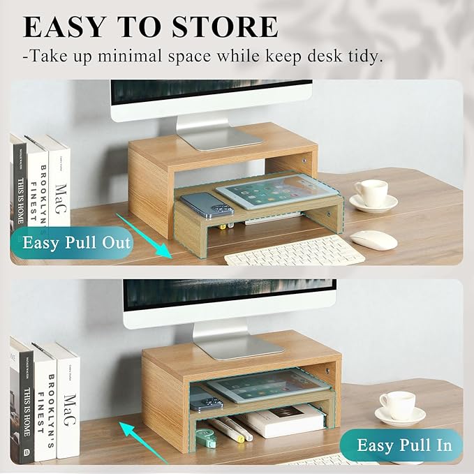 TEAMIX Pull Out Monitor Stand Riser-2 Pack,Wood 2 Tier Adjustable Monitor Stand Dual Monitor Riser for 2 Monitors/Laptop/PC Computer Stand Desktop Space Saver…