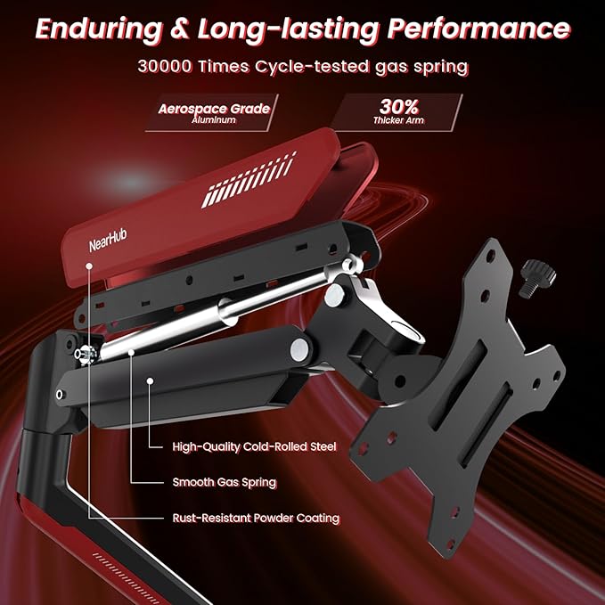 Gaming Monitor Mount for Computer Screen 13-32" and up to 22 lbs,360° Rotation,+90° to -45° Tilt,180° Swivel,with C Clamp and Grommet Base,Integrated Cable Management,75x75/100x100 VESA,RED