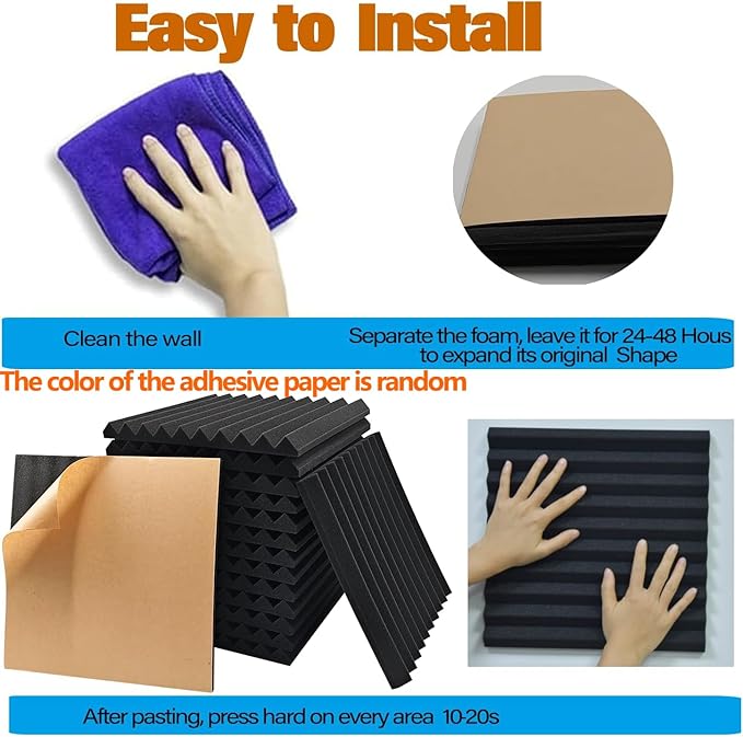 Acoustic Panels 24 Pack Soundproof Wall Panels 1" X 12" X 12" Sound Proof Foam Panels with Self Adhesive Noise Cancelling Soudproofing Wedge High Density Sound Absorbing for Studio Home Black
