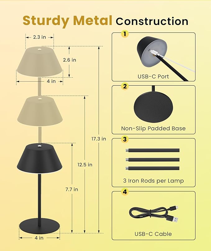 LOFTEK Cordless Table Lamp, 5200mAh Battery, 3 Adjustable Height, 3 Colors Smooth Dimming, Outdoor LED Light Waterproof for Dining Room, Bedroom, Bar, Restaurant, Patio, Camping (Black)