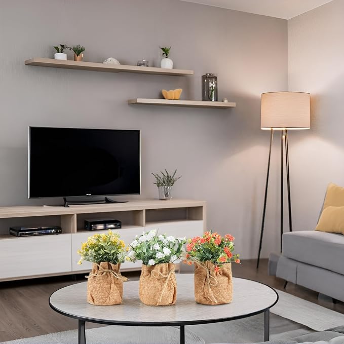 Velener Artificial Flowers in Small Burlap Bag Vases 3Pcs - Faux Flowers Farmhouse Home Coffee Table Bookshelf Office Desk Decor Kitchen Dining Room Fake Plants Indoor(Red/White/Yellow)