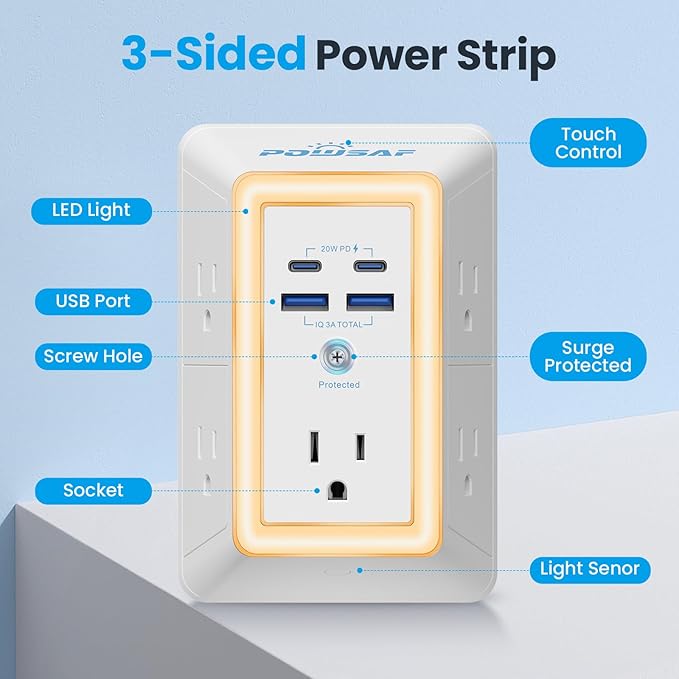 Multi Plug Outlet Surge Protector - POWSAF 5 Outlet Extender with 4 USB Ports(2 USB-C PD 20W) and Night Light, 3-Sided Power Strip with Adapter Spaced Outlets - ETL, White