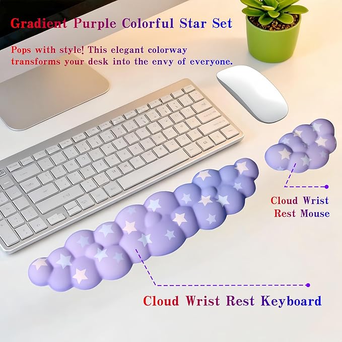 Cloud Wrist Rest Set for Keyboard and Mouse, Includes Cute Coaster, with Computers and Laptops (Gradient Purple Colorful Star Set)