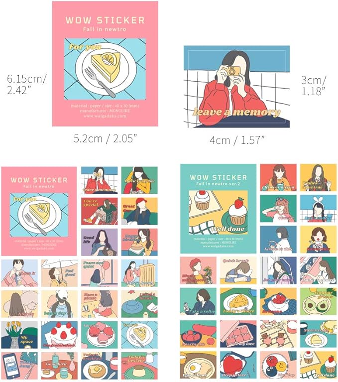 Monolike Wow Sticker Fall in newtro ver.1 + ver.2 Set - Mini Size Cute Stickers, Square Stickers