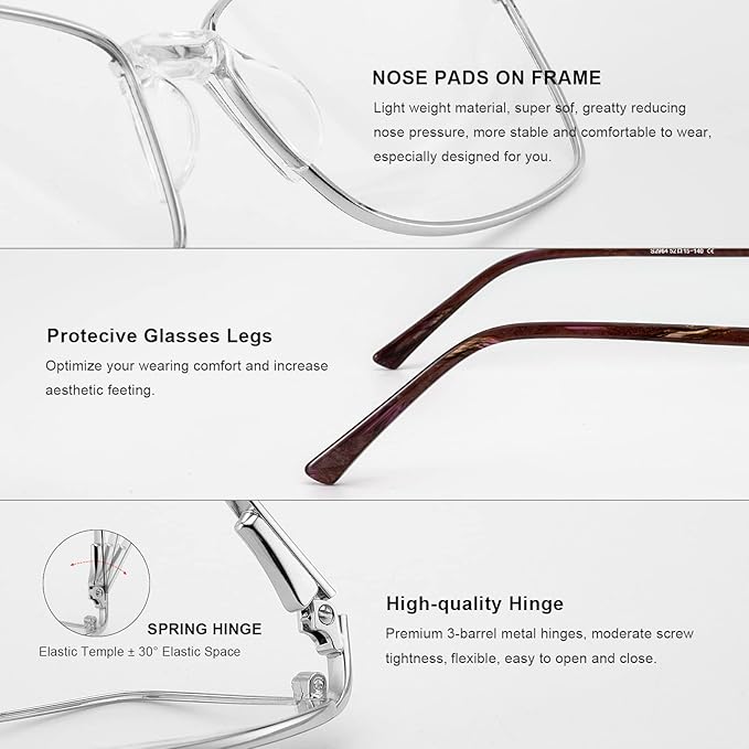 RB. Pilot Reading Glasses Spring Hinge Readers for Women Blue Light Blocking Computer Metal Frame Acetate Legs