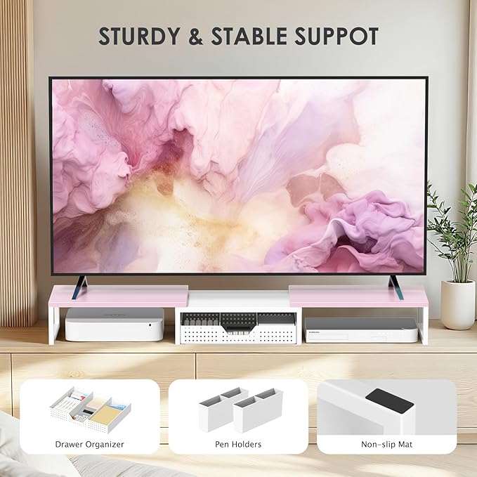 Desk Dual Monitor Stand Riser - Desk Organizer with Drawer and Pen Holders, Office Desk Accessories & Workspace Organization, Computer Monitor Stand for Laptop, Printer(Pink＆ White)