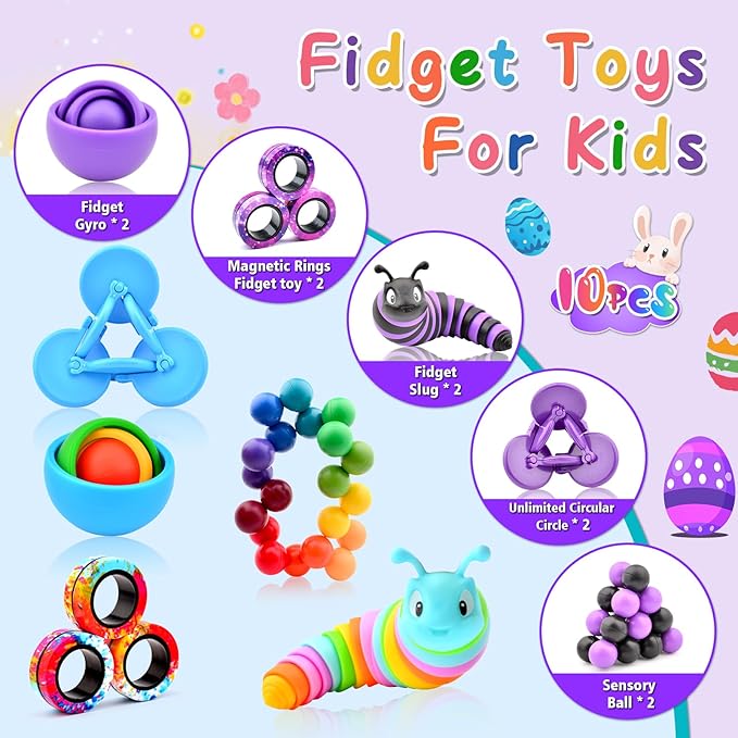 Fidget Toys Kids Pack, Fidget Spinner for Teens, Easter Basket Stuffers Gift for Adults 10PC Sensory Toys Pack for Autism, Desk Toy Stress Relief Toys for ADHD Men Boys