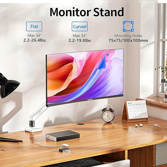 Ultrawide Monitor Arm for 13 to 32 inch Flat/Curved Computer Screen, Gas Spring Single Monitor Mount Holds up to 17.63 lbs, Clamp & Grommet Base, VESA 75x75/100x100mm, White