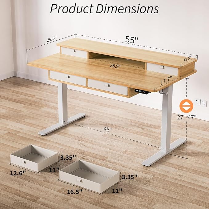 Standing Desk with Fast Charging USB Ports, 55" x 30" Height Adjustable Home Office & Gaming Desk, Sit Stand Desk with Built-in Storage Shelf, Hook & Ergonomic Design(Maple)