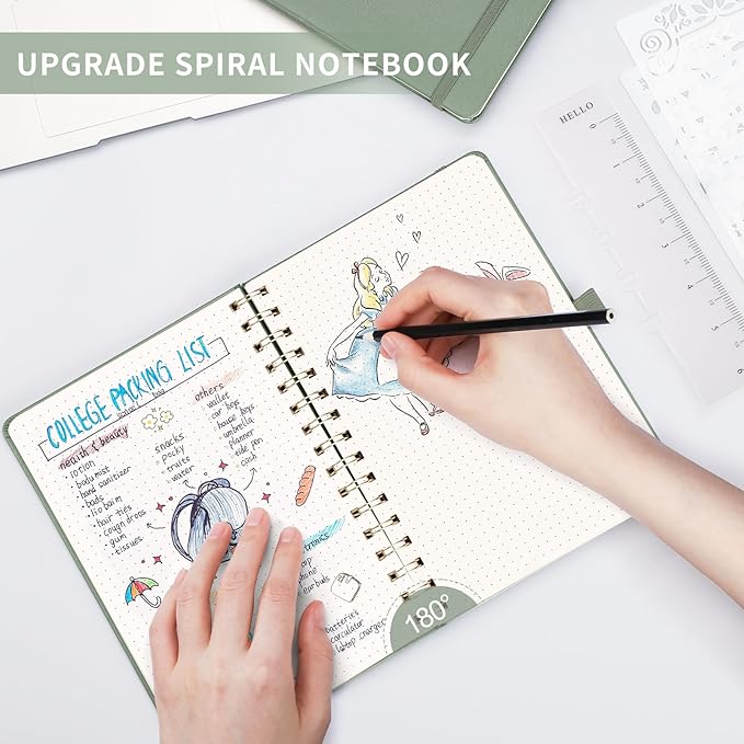 AHGXG Bullet Dotted Journal Spiral Notebook, Hardcover Leather Dotted Notebook 140 Pages, A5 Dot Grid Paper Notebook, 100 gsm Thick Paper, for Bullet Journaling, 5.7" x 8.3", Sage Green