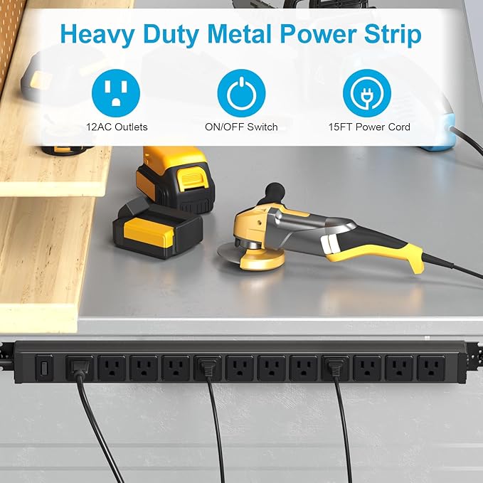 HHSOET 360° Rotating 12 Outlet Mountable Power Strip, Metal Gaming Table Mounted Outlet Strip, Heavy Duty Wall Mount Surge Protector with Switch, Works Great and Very Versatile, 15ft Power Cord.Black