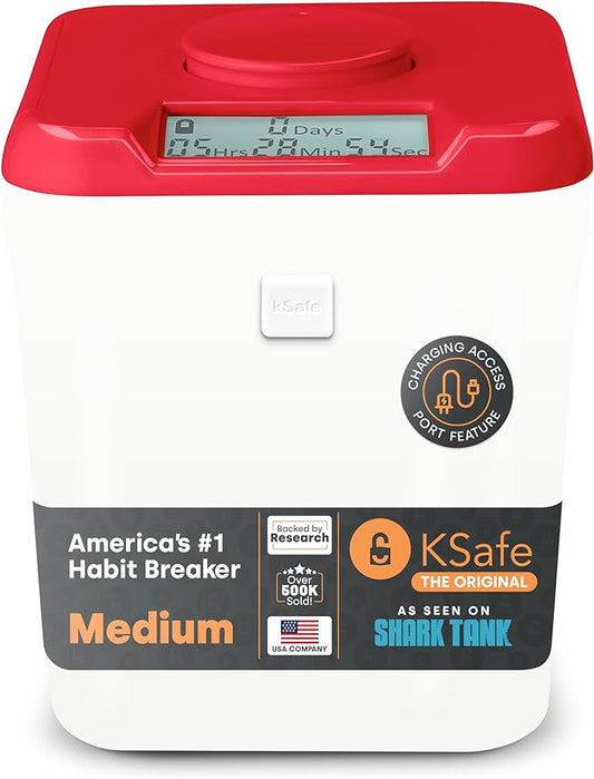 Kitchen Safe Time Locking Container (Medium), Timed Lock Box for Cell Phones, Snacks, and other unwanted temptations (Red Lid + 5.5” White Base)