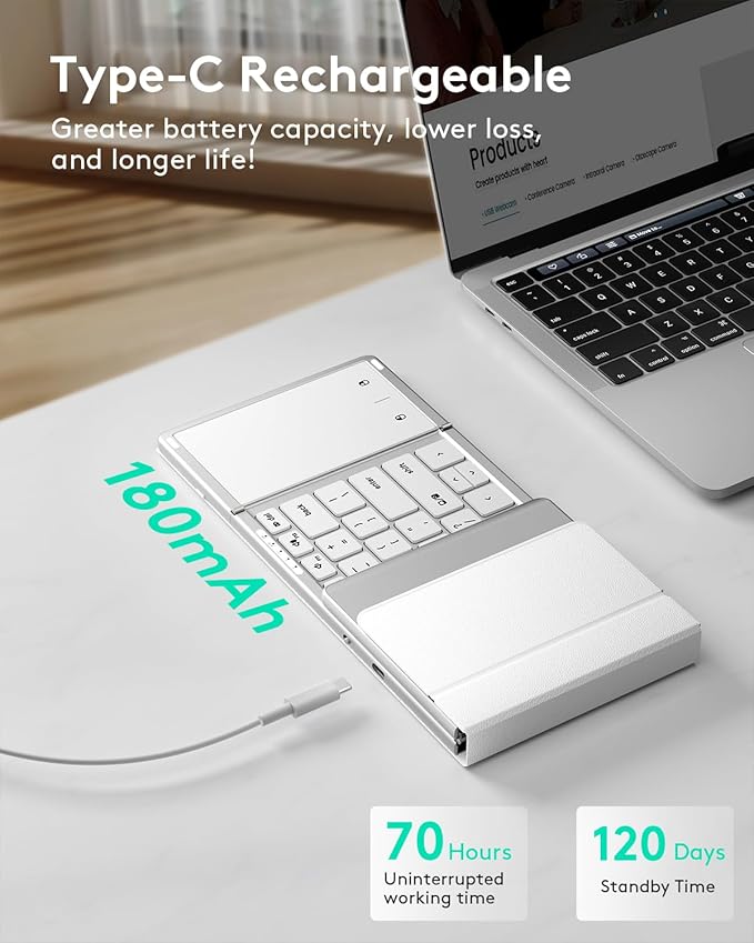 Samsers Foldable Bluetooth Keyboard with Touchpad, Full-Size Wireless Folding Keyboard with PU Leather, Portable Travel for iOS Android Windows Mac OS, Support 3 Devices (BT5.1 x 3), Silver