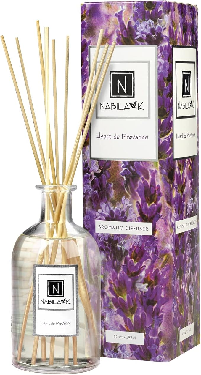 Nabila K Heart de Provence Reed Diffuser Set – French Lavender Aromatic Oil for Home – Long-Lasting, Smokeless Scent – Made in USA – Includes Reeds + Bottle – Flameless Candle Alternative
