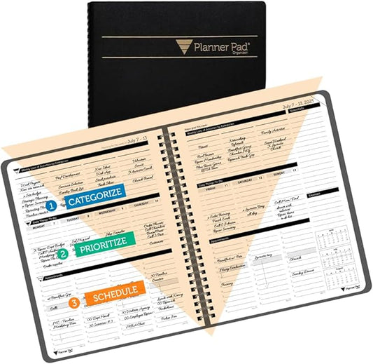 Planner Pad Spiral Bound 3-Tier Funnel Down 12 Month Organizer, July 2025 – June 2026 / Academic Year, Black Cover/Black Ink, 6 3/4" x 8 1/2"