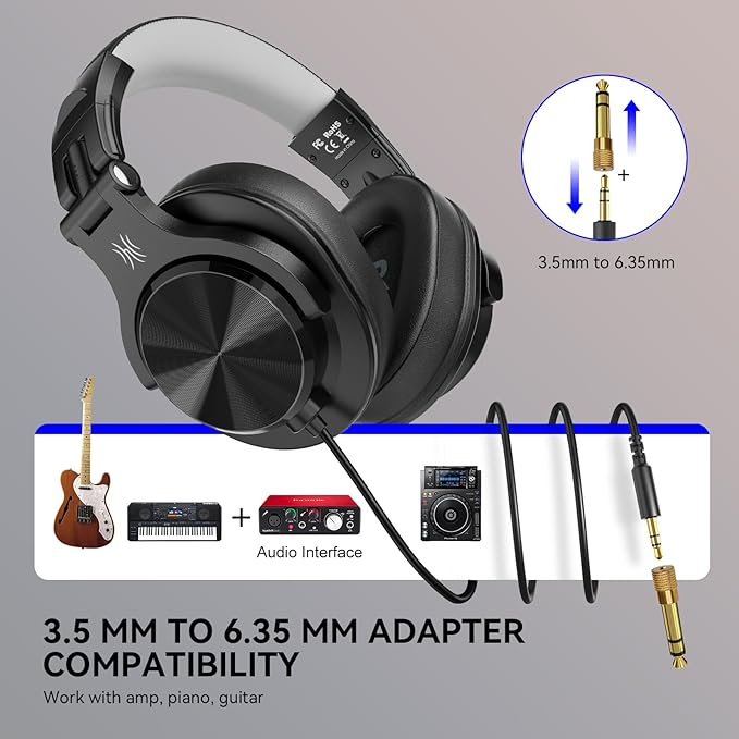 OneOdio A71D Wired Over-Ear Headphones, Studio Monitor Headsets, Hi-Res DJ Stereo Headphone with Foldable Design, 3.5/6.35MM Plug for AMP Recording Podcast Mixing PC Guitar - Black