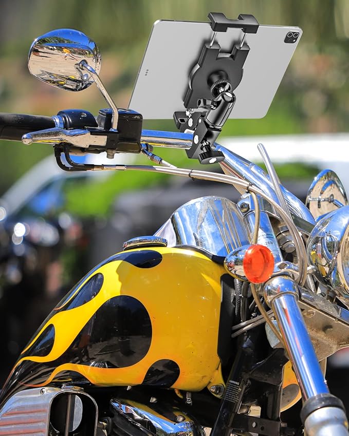 woleyi Aluminum Bike Tablet Mount Camera Clamp, Handlebar Tablet Holder for Motorcycle, Bicycle, Scooter, Stroller, Golf cart, Wheelchair for iPad Pro, Air, Mini, Galaxy, Fire, iPhone, 4.7-13" Devices