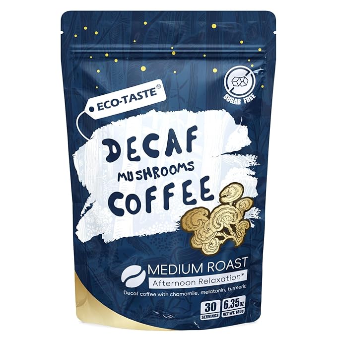 Relaxing Decaf Mushroom Coffee Blend with Reishi, Chamomile & Turmeric - 30% Beta-Glucans, MCT, Melatonin for Stress Relief & Focus - 6.35oz (180g) Afternoon Wellness Drink