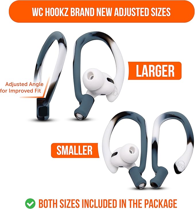 WC HookZ - Patented Upgraded Over Ear Hooks for AirPods Pro 1, 2 & AirPods 1, 2 & 3- Two Size Pairs Included in Package, Unique Left & Right Hook, Made by Wicked Cushions | Mixed Marble