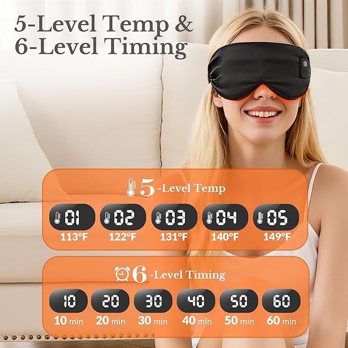 Cordless Heated Eye Mask, Silk Warm Eye Compress for Dry Eyes, Eye Relief, Improved Sleep, Washable Eye Heating Pad for Travel, 5 Temp & 6 Timers, 2-in-1 Heated & Cooling Gel Mask(2 Pack