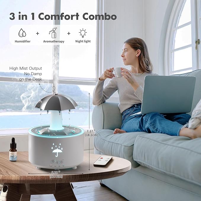 Rain Umbrella Humidifier,Essential Oil Aroma Diffuser with Soothing Rain Sounds,Water Drip Effect,7 Colors Mood Lights,Remote Control, Timer and Auto-Off, Raindrops Relaxing Sound for Deep Sleep