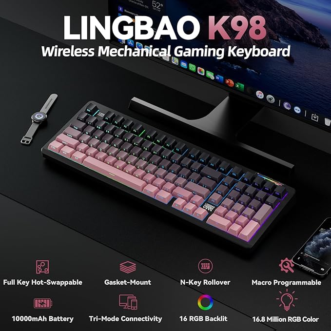 LINGBAO K98 Wireless Mechanical Gaming Keyboard, Tri-Mode BT5.0/2.4GHz/USB-C, Creamy Keyboard with Number Pad, Gasket Hot Swappable Linear Switches RGB Backlit Keyboards for Win/Mac/PC, (Black Pink)