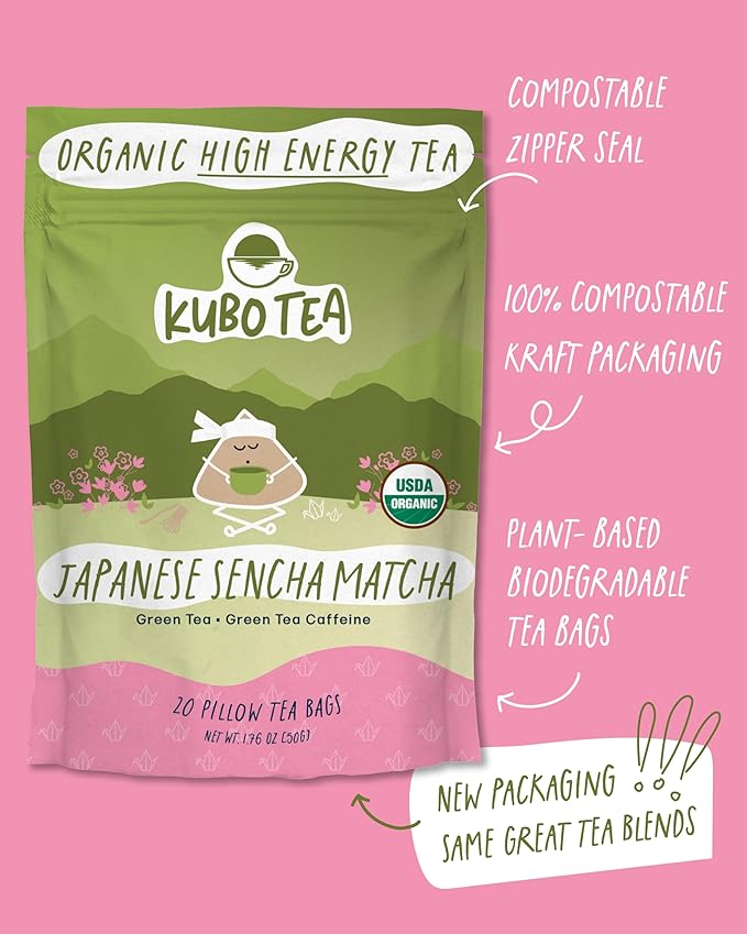 Kubo Tea Japanese Sencha Matcha Tea - Organic High Caffeine Energy Blend w/ Matcha Powder - 20 Pillow Tea Bags (140mg Caffeine each) - Coffee Substitute for Hot & Iced Drinks, Biodegradable & Compostable Packaging