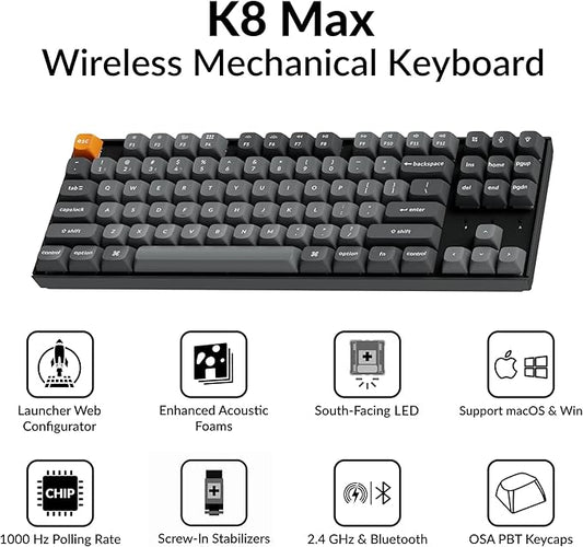 Keychron K8 Max TKL Mechanical Keyboard Wireless, 87 Keys QMK 2.4 GHz/Bluetooth 5.1/Wired Connection, White Backlit with Programmable Keychron Super Brown Switch for macOS Windows Linux