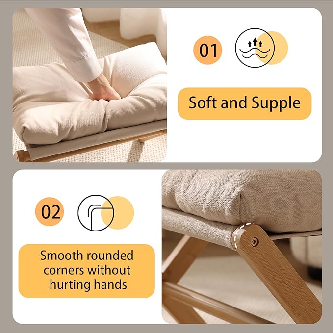 Folding Upholstered Footrest Stool, Small Accent Ottoman with Thick Cotton Cushion & Bamboo X Legs, Modern Padded Sofa Stool for Makeup Bedroom Living Room (Beige)