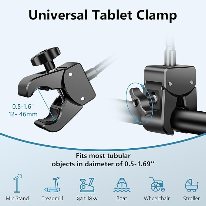 Gooseneck Tablet Holder, iPad Holder for Stroller/Treadmill/Golf Cart/Boat/Mic Stand/Wheelchair/Gym Bicycle Handlebar Clamp, Compatible with 4.7-12.9" Tablets and Phones,Galaxy, E-Readers
