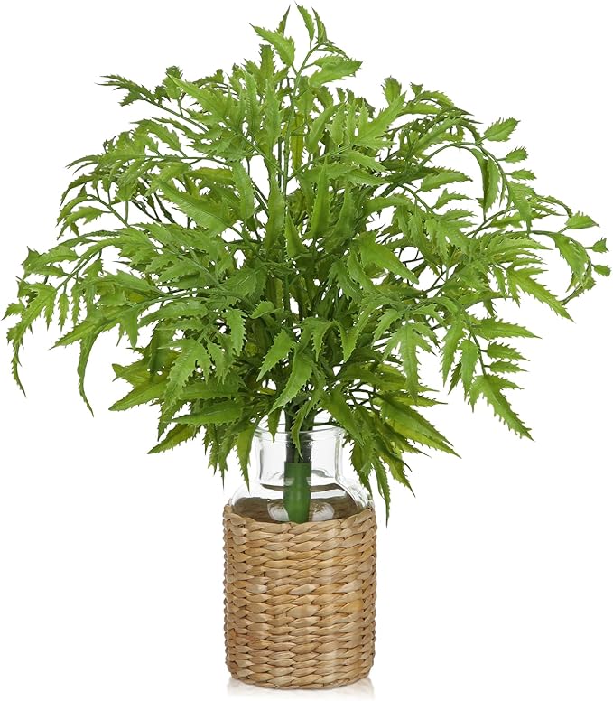 Faux Greenery Stems in Vase Aritificial Fern Plant in Glass Vase with Faux Water & Woven Cover Small Fake Desk Plants Greenery Centerpieces for Farmhouse Kitchen Dinner Tables Shelves Plants Decor