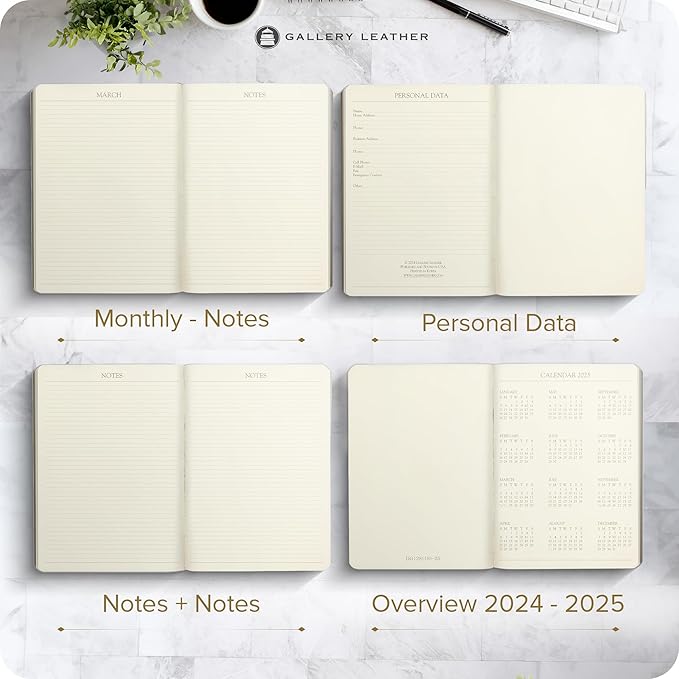 Gallery Leather Desk Monthly Planner 2025, Elegantly Bound Calendar Planner and Notebook with Stylish Gold-Gilded Page Edges, 18 Months - Acadia Cactus - 8 x 5.5 ”