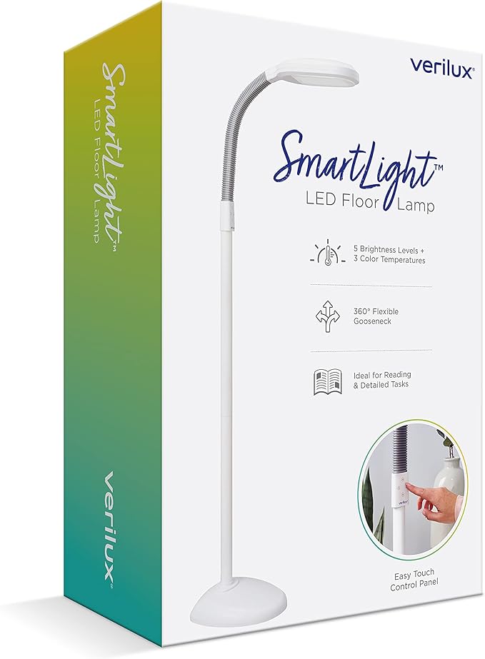 Verilux SmartLight Full Spectrum LED Modern Floor Lamp with Adjustable Brightness, Flexible Gooseneck and Easy Controls - Reduces Eye Strain and Fatigue - Ideal for Reading, Artists, Craft (White)