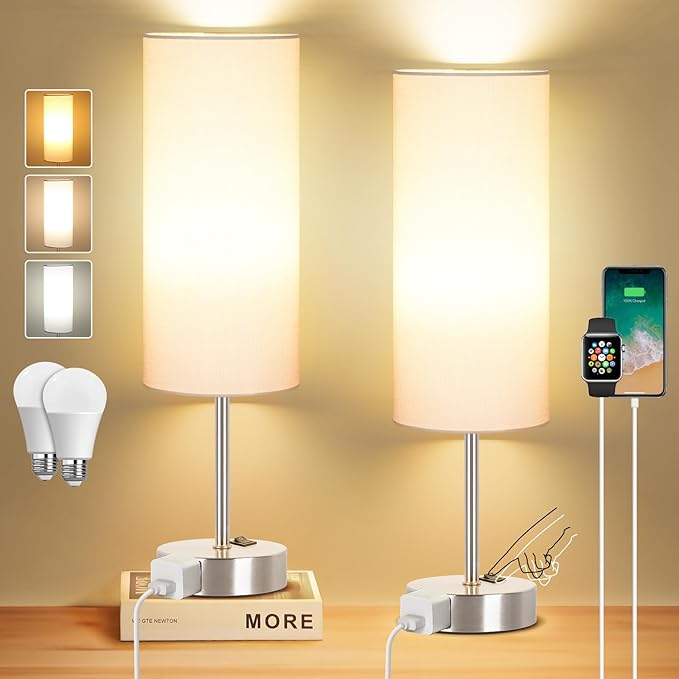 ZJOJO Table Lamp for Bedroom 2 Pack,18in Bedside Lamps with 3 Way Dimmable Rocker Switch & AC Outlet,Nightstand Desk Lamp with White Fabric Shade Nickel Basee for Living Room Home Decor Lights