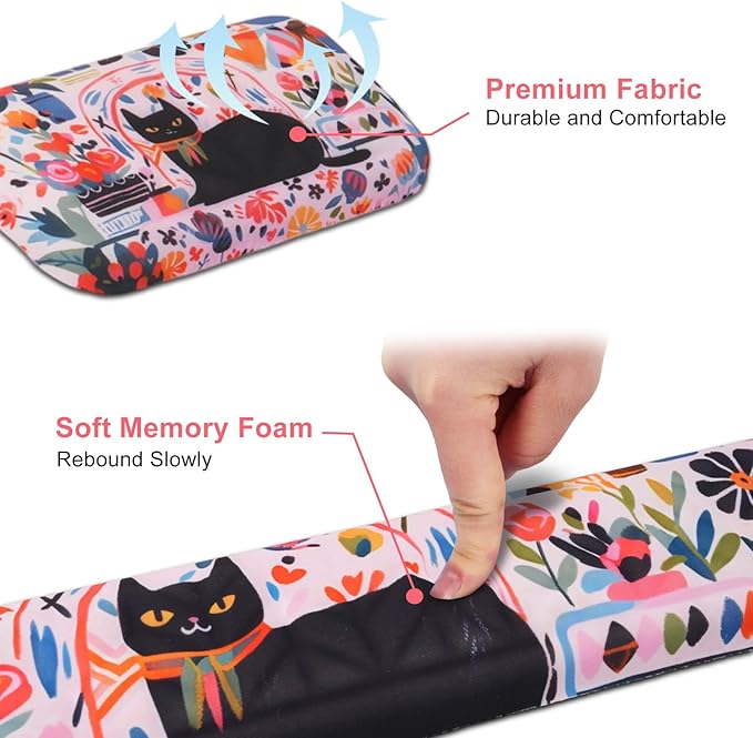 Petmolico Wrist Rest Set with Computer Keyboard Desk Pad,Mouse Wrist Rest,Keyboard Typing Wrist Pad and Cup Coasters,Ergonomic Design for Typing Pain Relief(Black,Cat with Flowers)