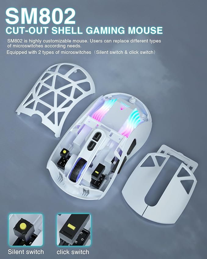 SM802 White Wireless Gaming Mouse,10000 DPI,Tri-Mode Wired/BT 5.0/2.4GHz Wireless Mouse Gaming with Side Button,RGB Programmable Macro Mouse for Laptop