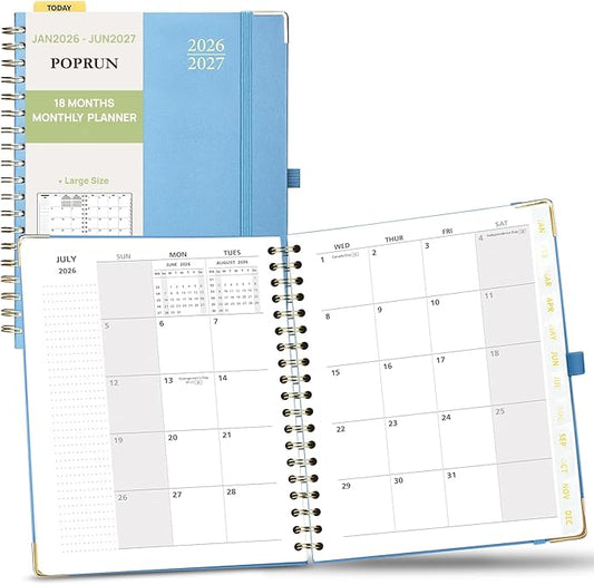 POPRUN Monthly Planner 2026-2027 Spiral Hardcover (8'' x 10''), 18 Months Calendar (Jan.2026-Jun.2027) - 2 Pages per Month with Dotted Note Pages, Sunday Start, Laminated Tab - Haze Blue