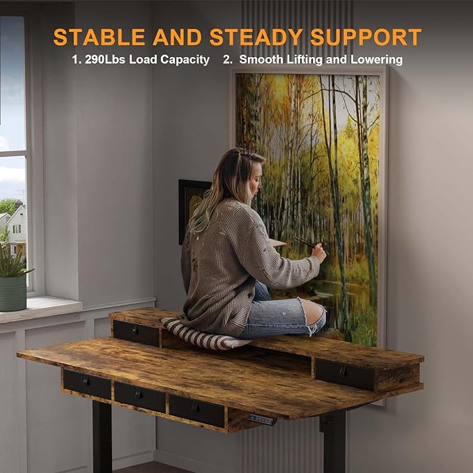 XINYAO Electric Standing Desk with 5 Drawers, 63x30 Inch Extra Wide Height Adjustable Sit Stand Up Desk with Storage Support 290lbs Ergonomic Rising Table with Wheels for Home Office