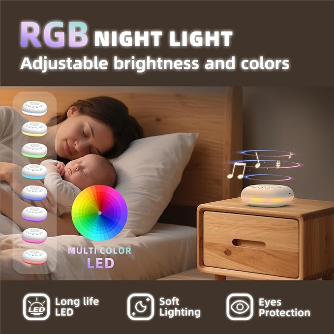 White Noise Sound Machine, Portable Sound Machine for Sleep Baby, Kids & Adults, 20 Travel Soothing Sounds Brown/Pink Noise/Lullaby, Rechargeable, Timer, Memory & Night Light for Home, Nursery