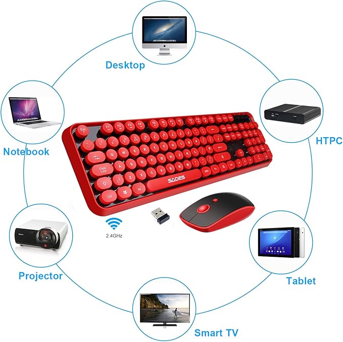 2.4GHz Wireless Typewriter Keyboard with 104 Cute Retro Round Keys, Letton Full Size Wireless Keyboard and Mouse Combo with 3 DPI for Computer Mac PC Laptop-Black/Red