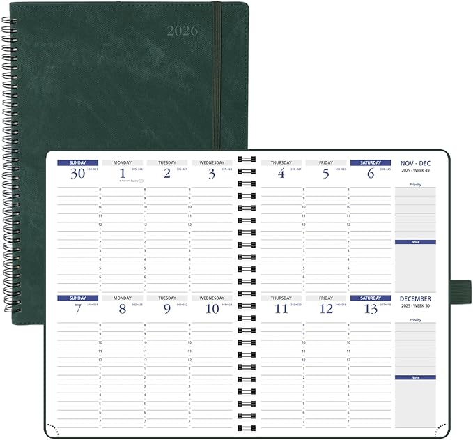 POPRUN 2026 Weekly Planner (A4-8.25'' x 11.75''), Quarter-Hourly Appointment Book (Jan. 2026 to Dec. 2026) with Monthly Tabs, Spiral Softcover, 2 Inner Pockets, Pen Holder - Blue Green