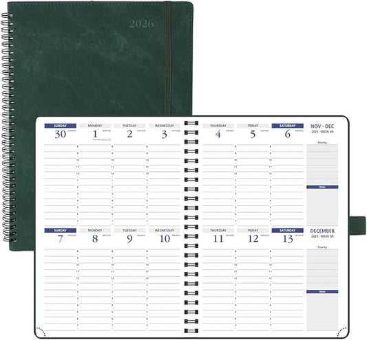 POPRUN 2026 Weekly Planner (A4-8.25'' x 11.75''), Quarter-Hourly Appointment Book (Jan. 2026 to Dec. 2026) with Monthly Tabs, Spiral Softcover, 2 Inner Pockets, Pen Holder - Blue Green