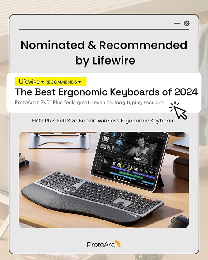 Backlit Bluetooth Ergonomic Keyboard, ProtoArc EK01 Plus Full Size Wireless Split Keyboard with Dual Bluetooth and USB, Cushioned Wrist Rest, Rechargeable for Windows/Mac/Android, Grey Black