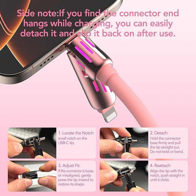 MFish 4-in-1 Universal USB Charging Cable with Carrying Case – 240W Max Fast Charger Cord, USB-A, Dual USB-C & Lighting, for iPhone 14/15/16/17 Series, iPad & MacBook and More (Pink, 6.6Ft)