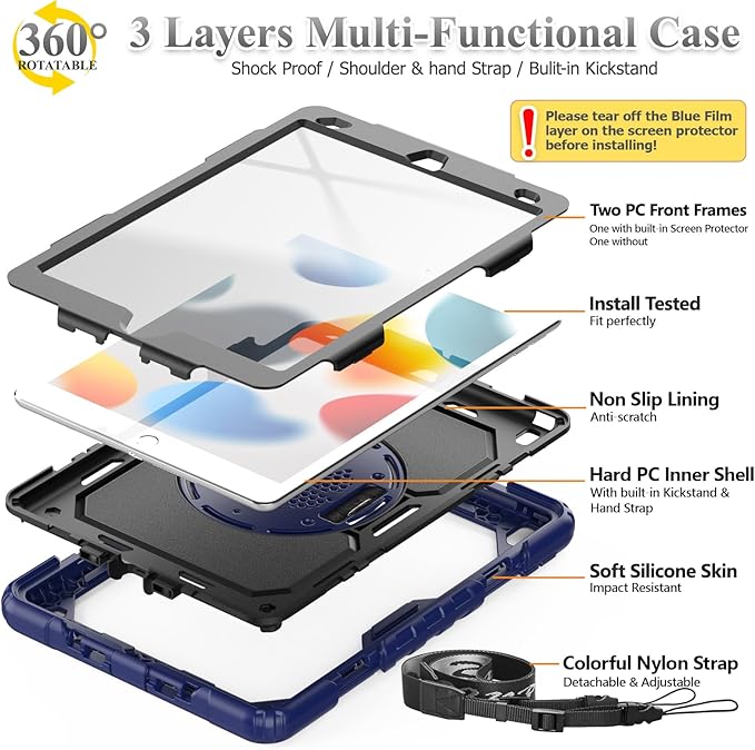 SEYMAC stock Case for iPad 9th/ 8th/ 7th Generation 10.2'', Shockproof with Screen Protector, Pencil Holder [360° Rotating Hand Strap] & Stand, for iPad 10.2 inch 2021-2019 (Navy Blue)